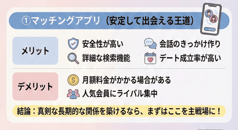 ① マッチングアプリ（安定して出会える王道）