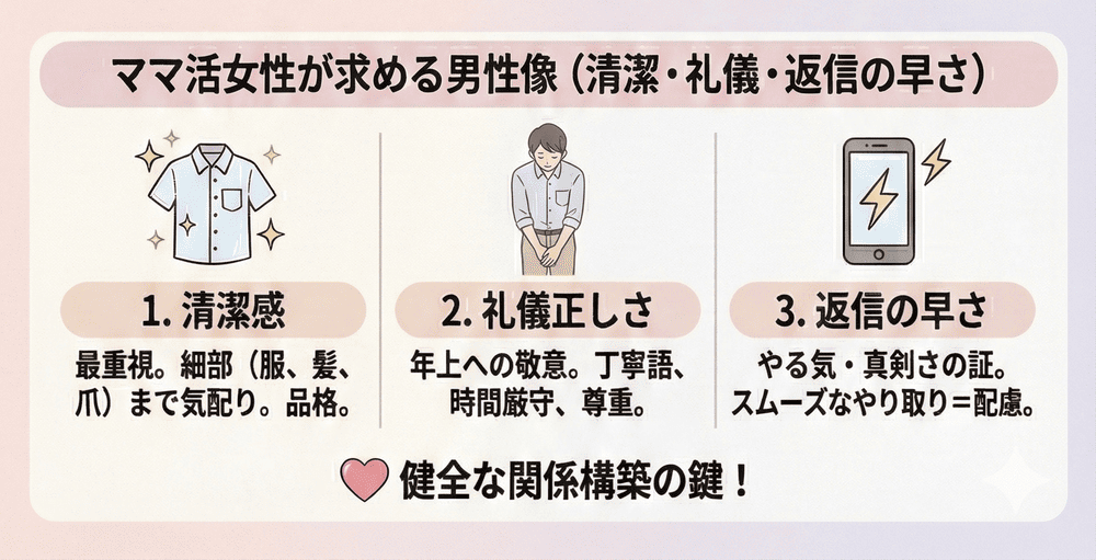 ママ活女性が求める男性像（清潔・礼儀・返信の早さ）