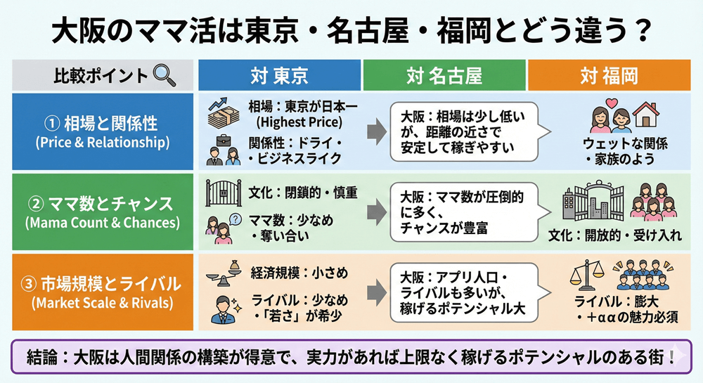 【比較】大阪のママ活は東京・名古屋・福岡とどう違う？