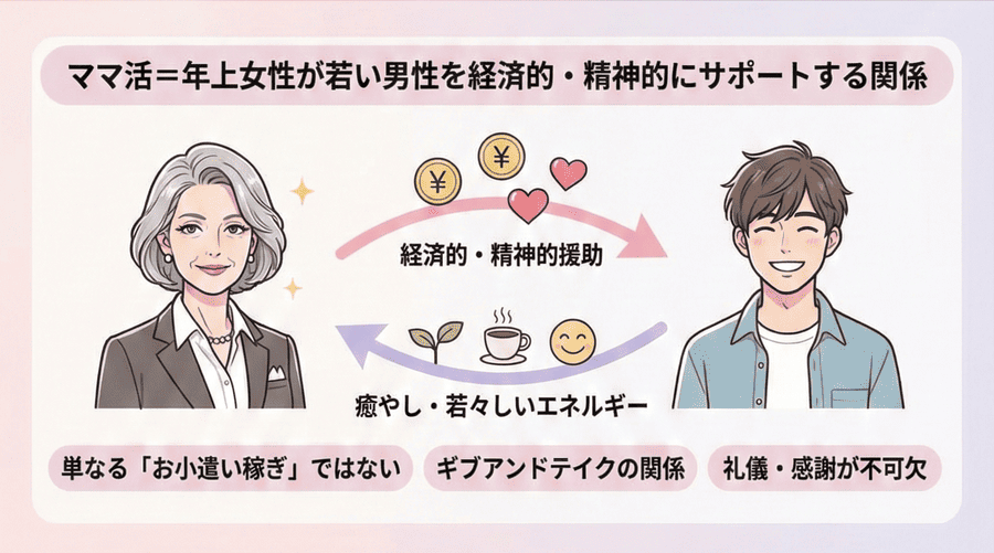ママ活＝年上女性が若い男性を経済的・精神的にサポートする関係