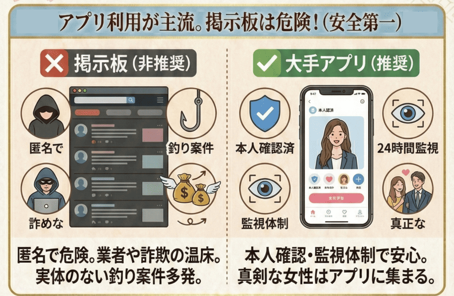 アプリ利用が主流。 掲示板は詐欺が多く非推奨