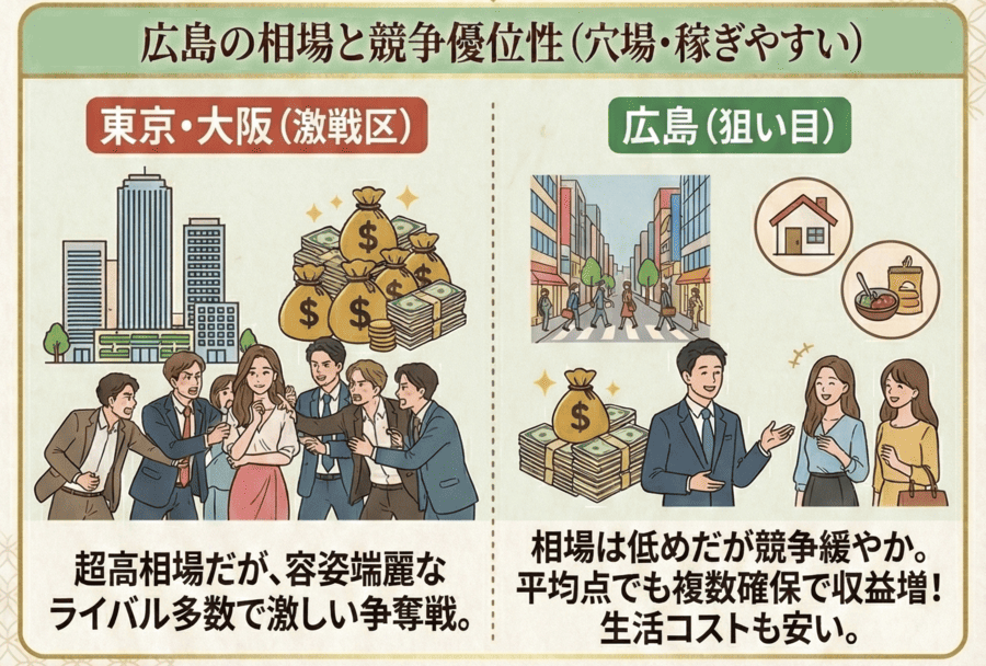 広島の相場は東京より少し低めだが、競争が少なく稼ぎやすい