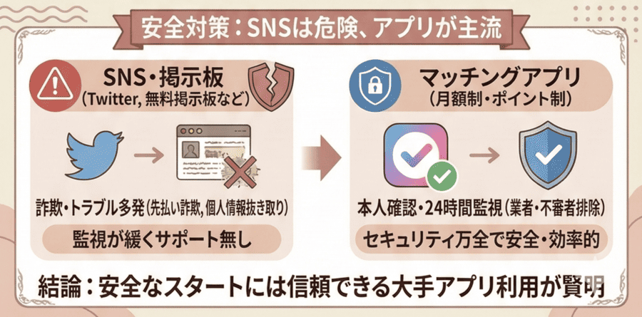 SNS・掲示板は詐欺・トラブルが多く、アプリ利用が主流