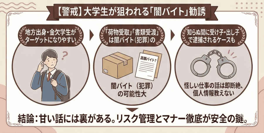 大学生が狙われやすいトラブル（闇バイト勧誘など）