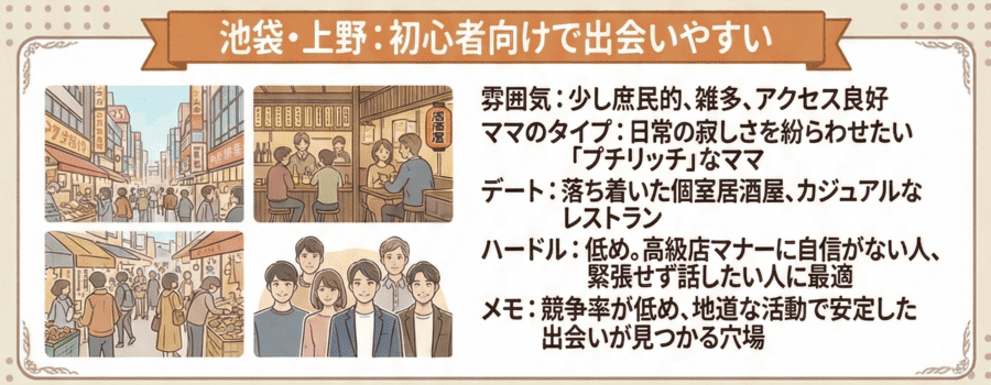 池袋・上野：初心者向けで出会いやすい