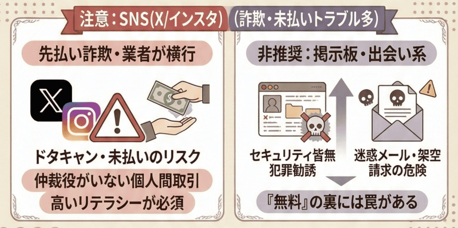 SNS（X/インスタ）は詐欺・未払いトラブルが多い