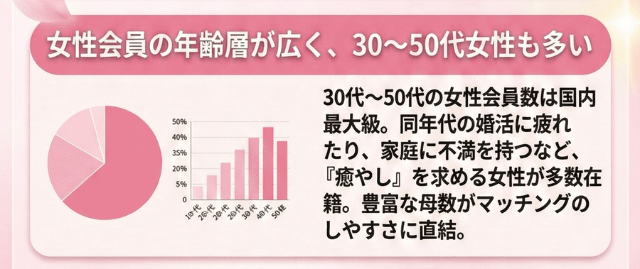 女性会員の年齢層が広く、30〜50代女性も多い