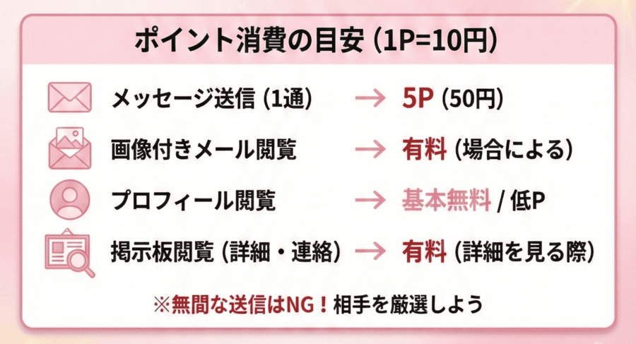 メッセージ送信・掲示板閲覧などのポイント消費一覧